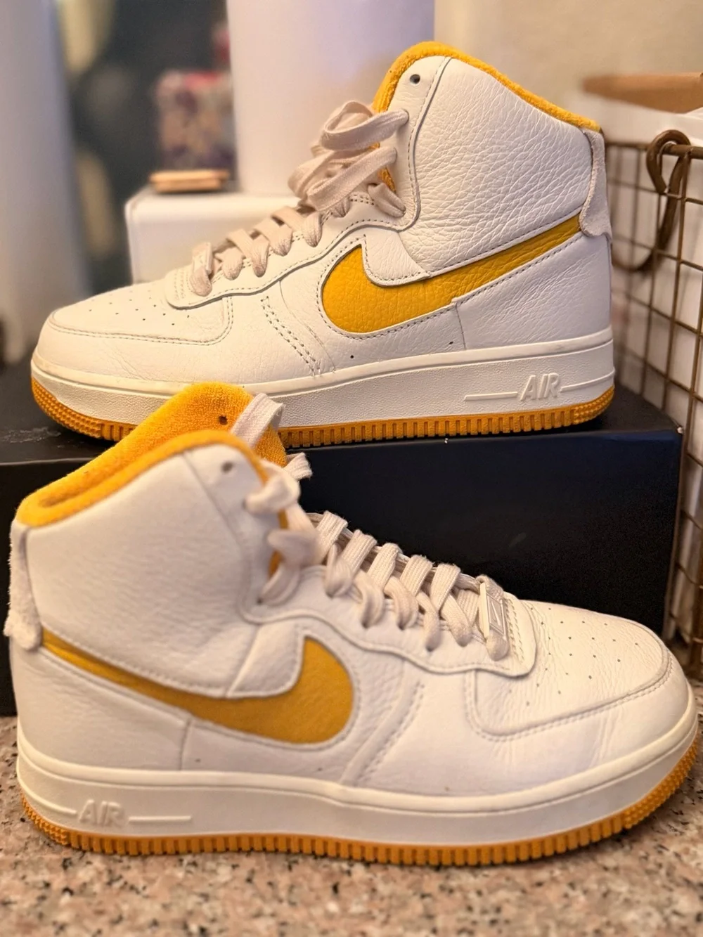 Nike White and Yellow High-Top Athletic Sneakers